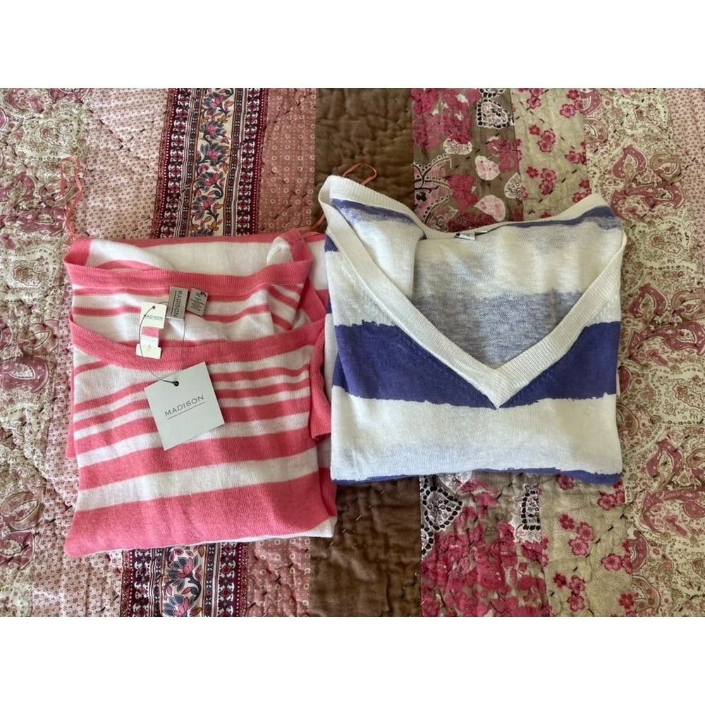 Madison Womens XL Striped Pullover Sweater Lot 2 Pink Blue Lightweight NWT